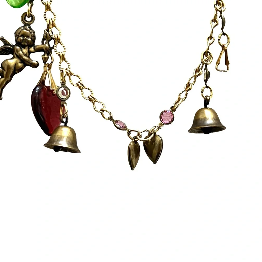 VINTAGE CHARM NECKLACE WITH CUPIDS, HEARTS , BELLS, KEYS & FLOWERS - Picture 11 of 16